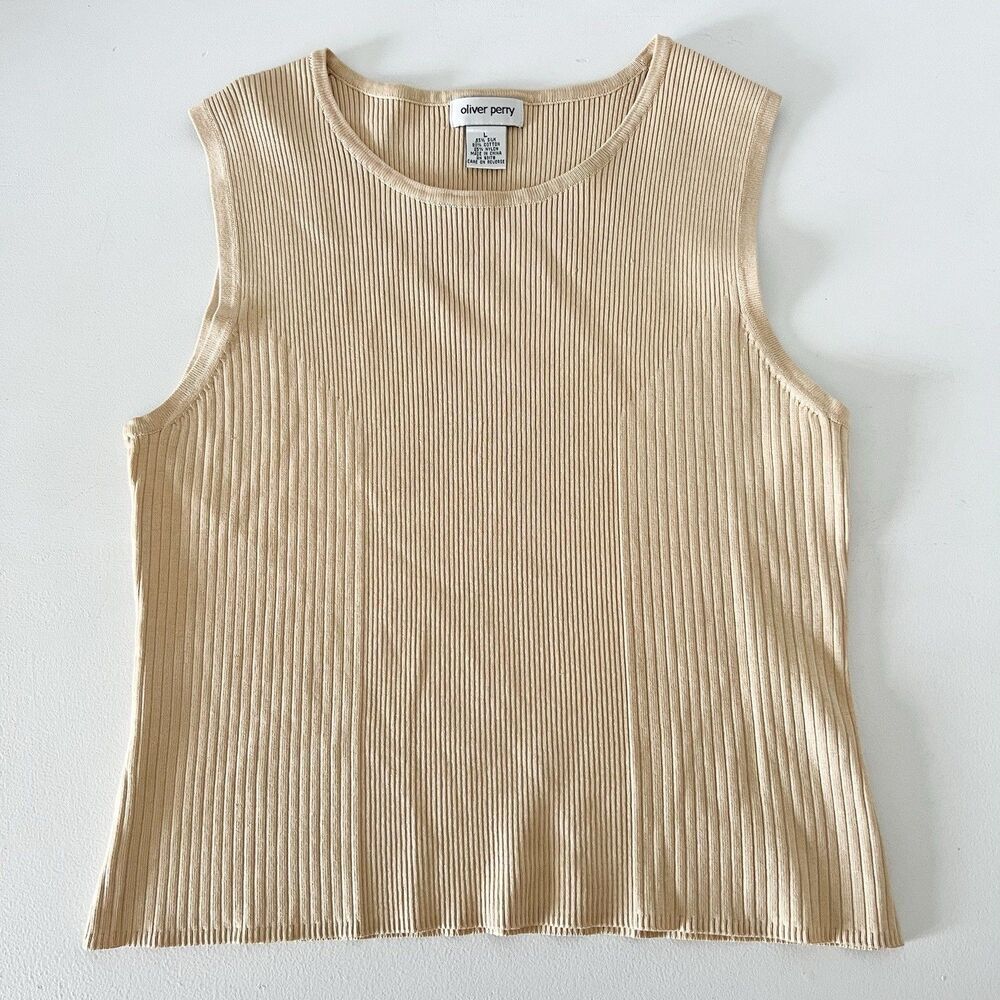 Oliver Perry Silk Blend Ribbed Knit Sweater Vest Womens Large Beige Nude VTG